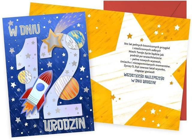KUKARTKA KARTKA OZDOBNA 12 URODZINY (CHŁOPIEC,CYFERKI,KOSMOS)
