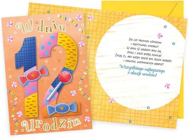 KUKARTKA KARTKA OZDOBNA 12 URODZINY DK-1262 (CYFERKI,LIZAKI)