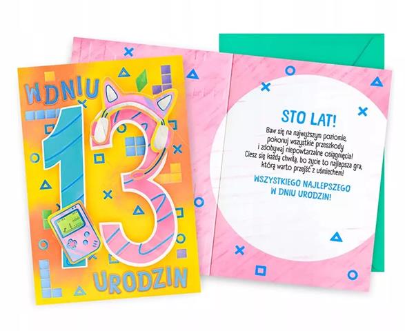 KUKARTKA KARTKA OZDOBNA 13 URODZINY DK-1264 (DZIEWCZYNKA,CYFERKI, GRY)