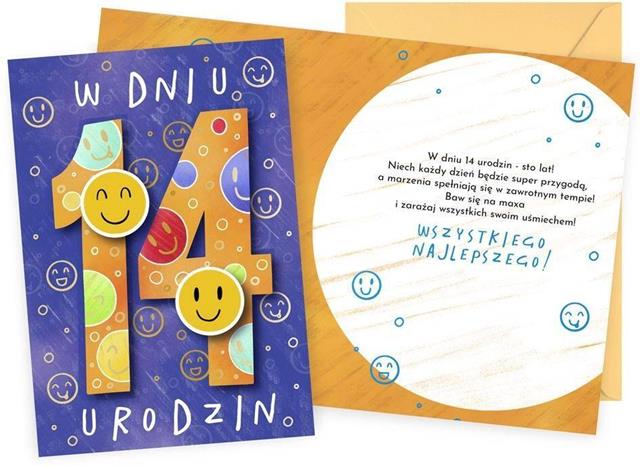 KUKARTKA KARTKA OZDOBNA 14 URODZINY DK-1265 (CYFERKI,EMOTKI)