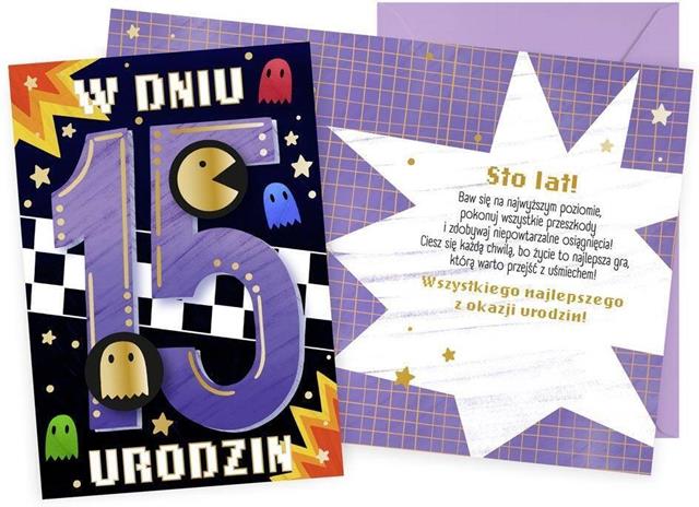 KUKARTKA KARTKA OZDOBNA 15 URODZINY DK-1267 (CHŁOPIEC,CYFERKI,PAC-MAN)