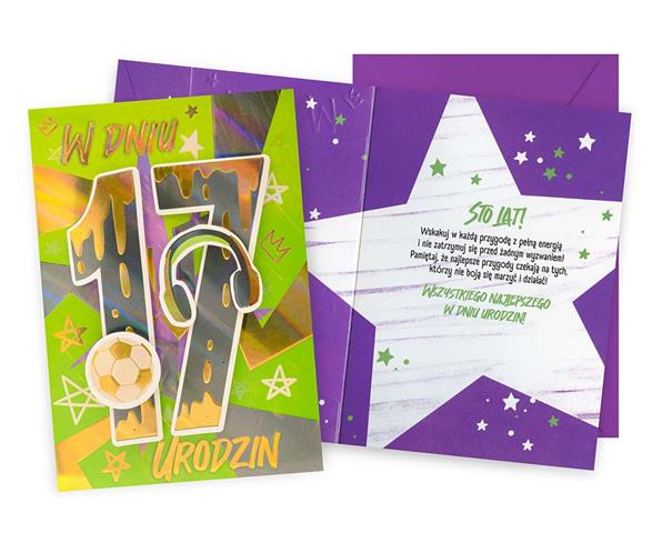 KUKARTKA KARTKA OZDOBNA 17 URODZINY DK-1271 (CHŁOPAK,CYFERKI,PIŁKA, SŁUCHAWKI)