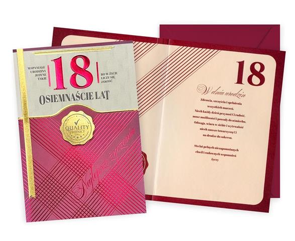KUKARTKA KARTKA OZDOBNA 18 URODZINY DK-1290 (CYFRY,OSIEMNASTKA, ZNAK JAKOŚCI)