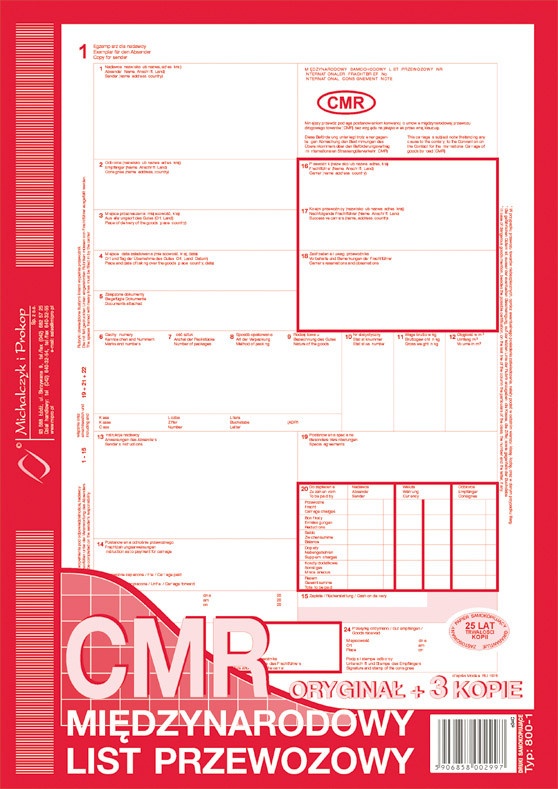 druk-800-1 cmr międzynar.list przewoz.a4m&p oryginał + 3 kopie