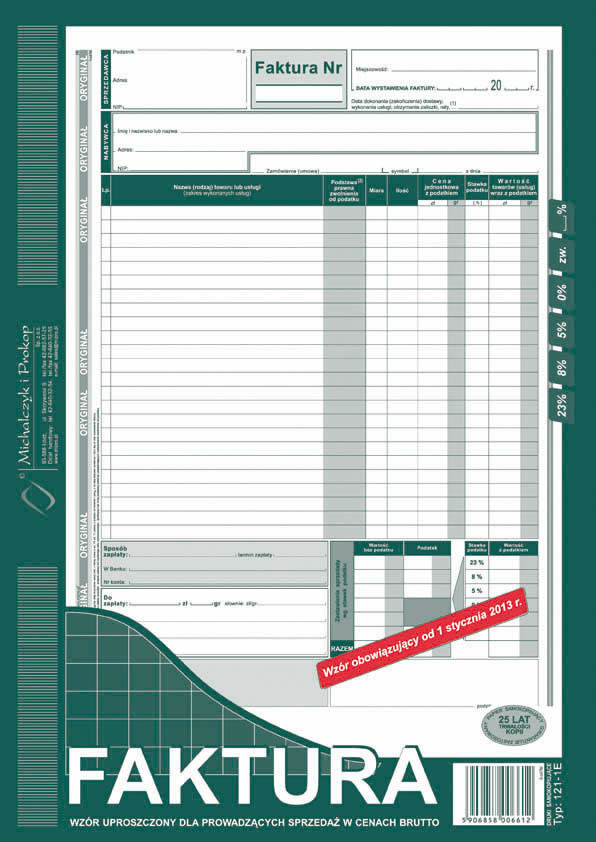 druk-121-1e faktura vat (brutto) a4uproszczona m&p 80 kartek