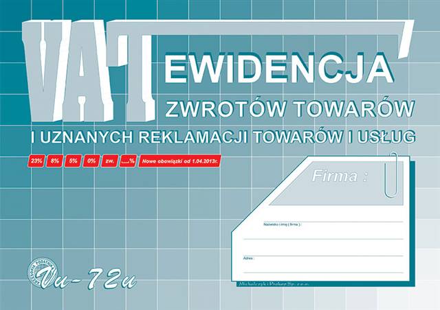 DRUK-VU-72U EWIDENCJA VAT-ZWROTÓW TOWARÓW I UZNANYCH REKLAMACJI(DLA KLAS FISKALNYCH) A4 M&P