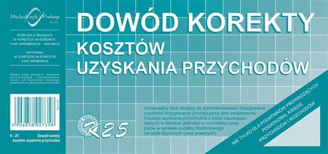 druk-k25 dowód korekty kosztów uzyskaniaprzychodów m&p