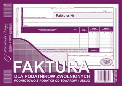 druk-203-3e faktura dla podatników zwolnionych z podatku a5 o+k poziom m&p