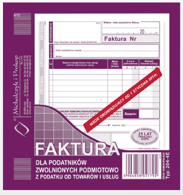 druk-204-4e faktura dla podatników zwolnionych z podatku 2/3 a5 o+k m&p