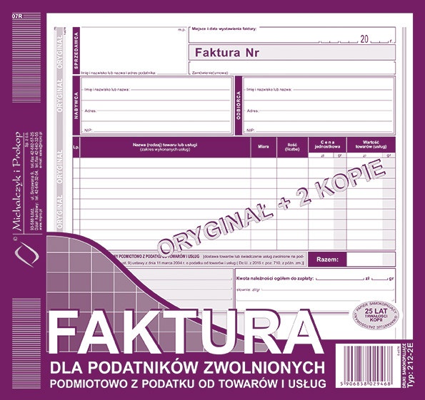 druk-212-2e faktura dla podatników zwolnionych z podatku 2/3a4 oryg+2kopie nabywca/odbiorca m&p