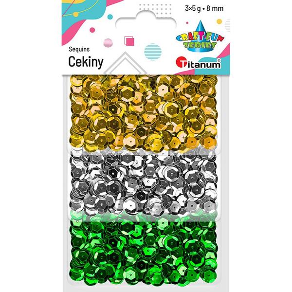 TITANUM CEKINY ZESTAW 8MM 3x5G ZŁOTE,SREBRNE,ZIELONE 414533