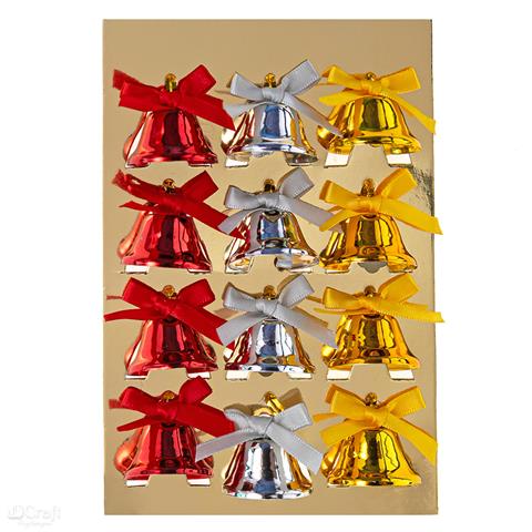 DP CRAFT METALOWE DZWONKI Z KOKARDKĄ 12 SZTZŁOTE, SREBRNE, CZERWONE