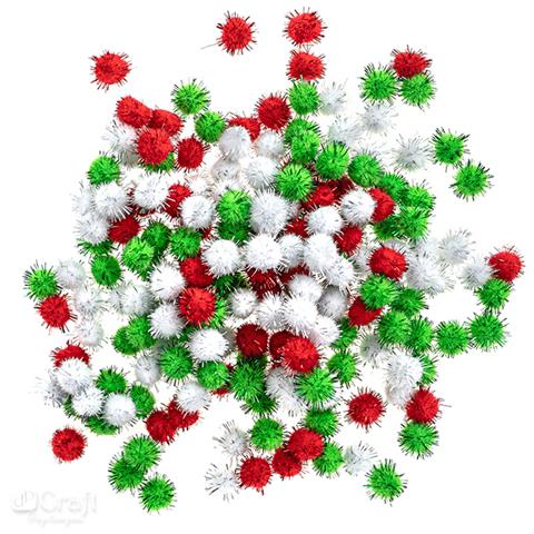 DP CRAFT POMPONY POLIESTROWE METALIZOWANE15MMBIAŁE, CZERWONE, ZIELONE, 200 SZT