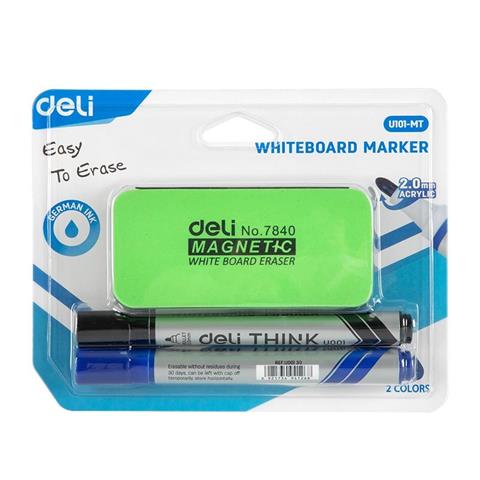 DELI-ZESTAW DO TABLIC - MARKER SUCHOŚCIERALNY OKRĄGŁY 2MM CZARNY X1, NIEBIESKI X1 + GĄBKA