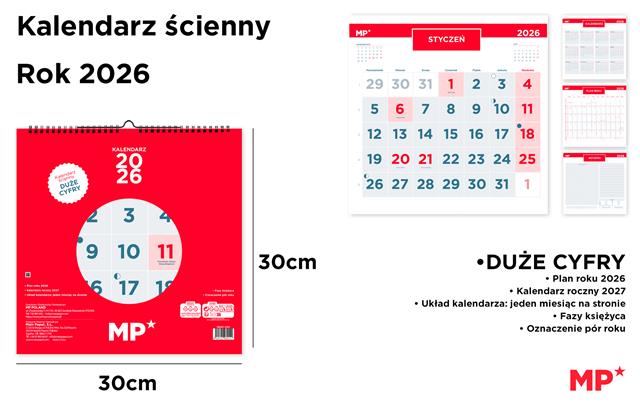 MP-KALENDARZ ŚCIENNY 2026 CZERWONY 30X30CM