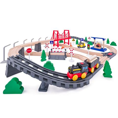 WOODYLAND KOLEJKA DREWNIANA LOKOMOTYWA ELEKTRYCZNA + MOST 92111 21119