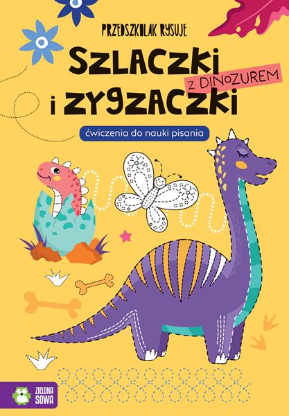 zielona sowa książeczka przedszkolak rysuje szlaczki i zygzaczki z dinozaurem